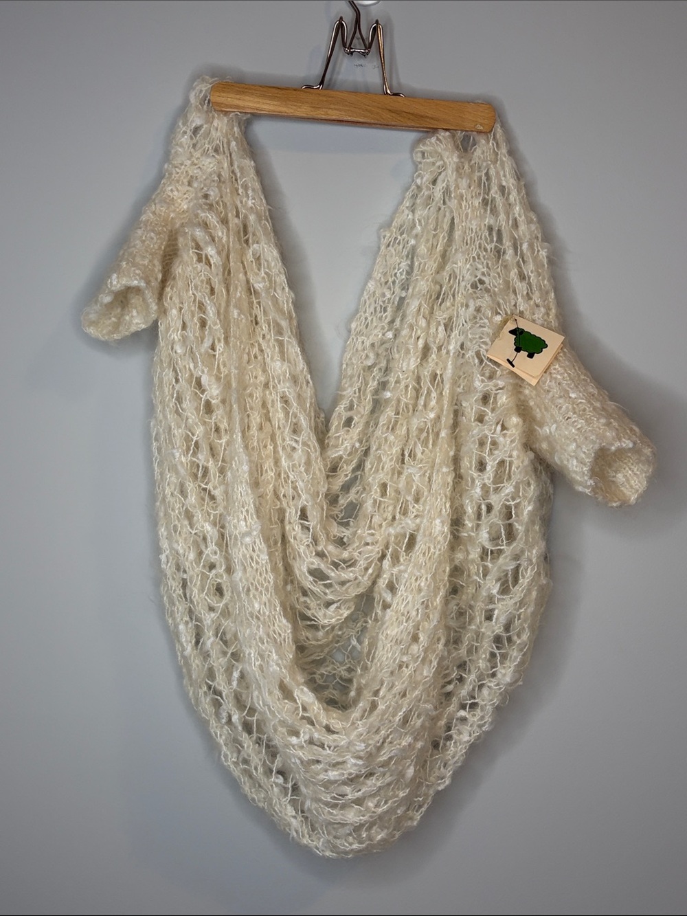 Hand Made in Canada Green Sheep Fibres Cream Open-Stitch Infinity Sweater Scarf